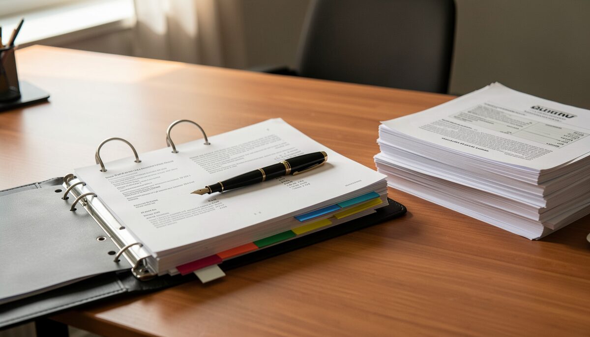 A binder open on a wooden desk beside a stack of printed license texts, a fountain pen, sticky index tabs protruding from the pages, warm office light