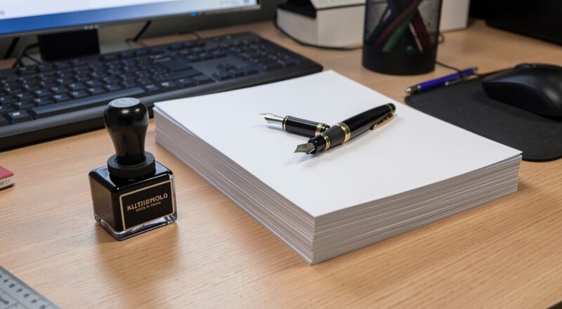 A rubber stamp and an ink pad beside a neat stack of paper sheets on an office desk, a fountain pen resting on top