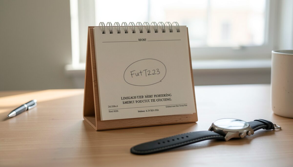 A work table calendar with a future date circled in pencil, a printed license beneath it, a wristwatch beside, morning light.