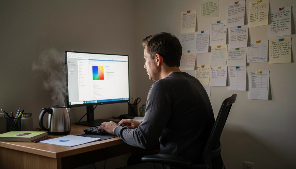 A lone developer at a home work table late at night, monitor glow on a wall of pinned notes, a kettle steaming beside.