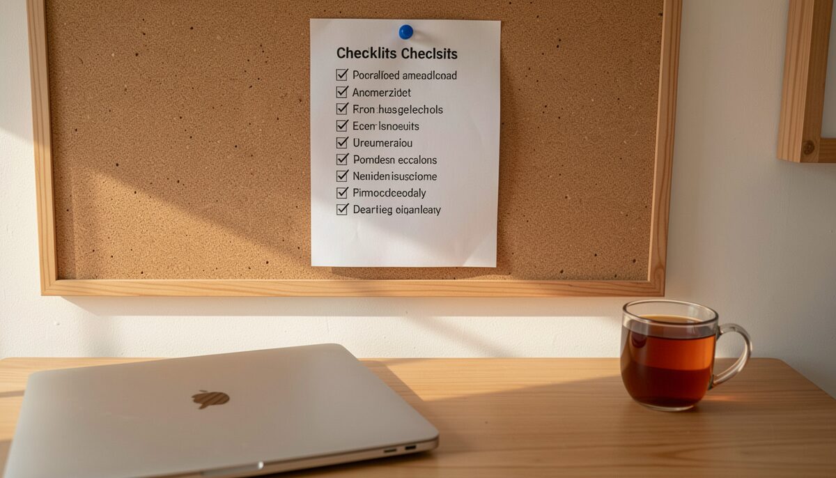 A printed checklist of ten points pinned to a corkboard above a work table, a laptop closed beside it, a mug of tea, warm indoor light.