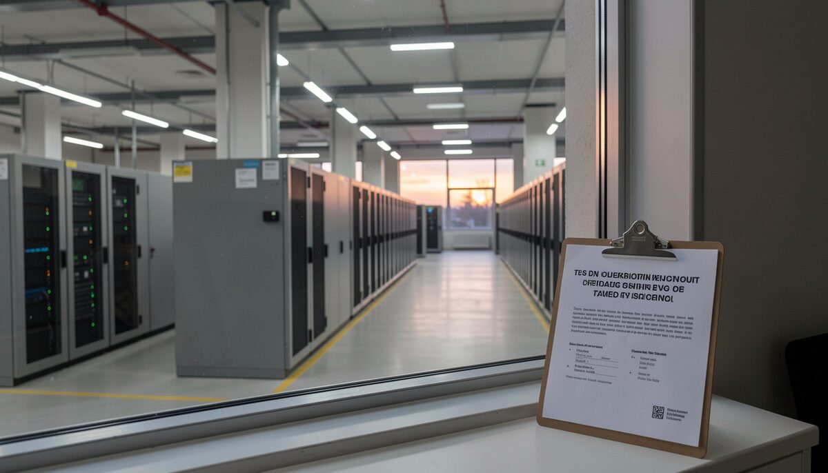 A window view of a data center hall at dusk, rows of server cabinets, a printed announcement on a clipboard in the foreground.