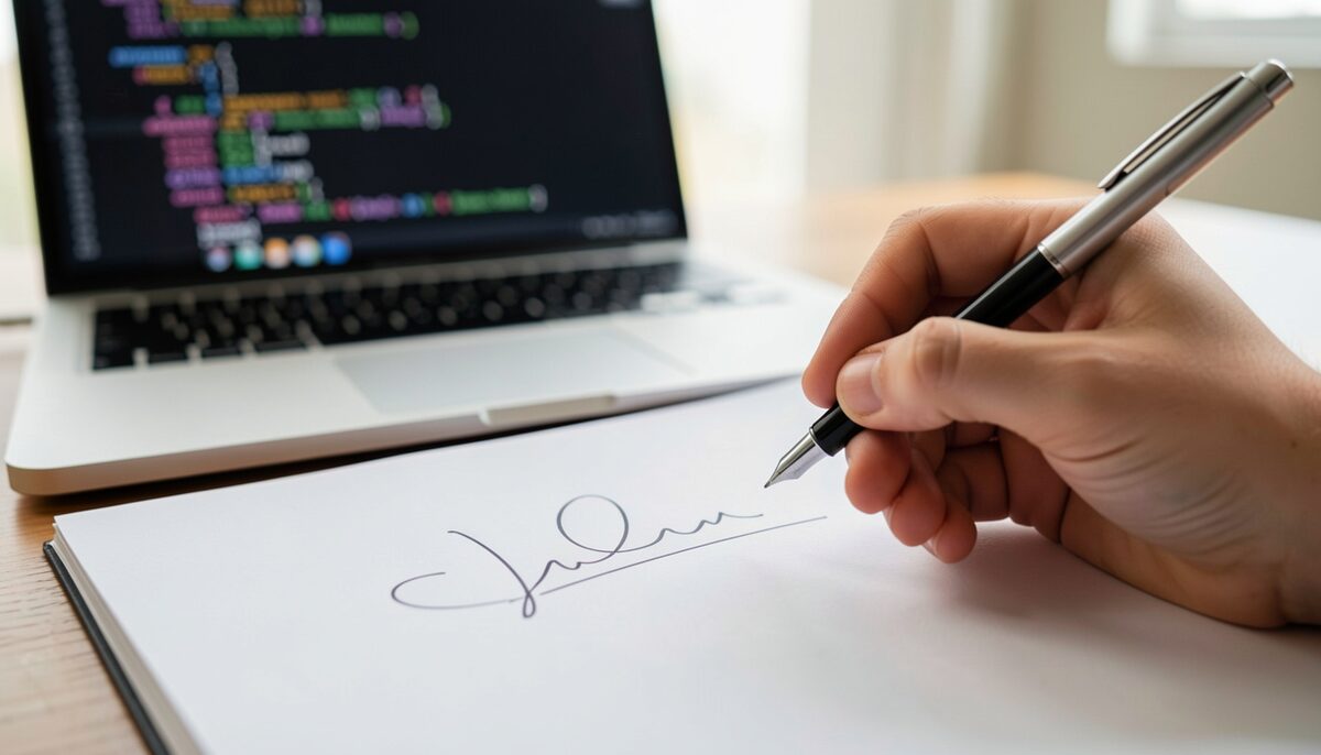 A signature page of a contributor agreement with a hand holding a pen above the signature line, a laptop showing a code diff out of focus behind.
